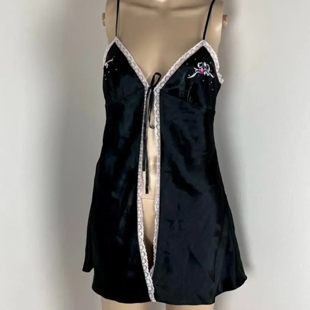 Y2K VICTORIA’S SECRET Black/Pink Satin Embroidered Beaded Lingerie Sexy Size l